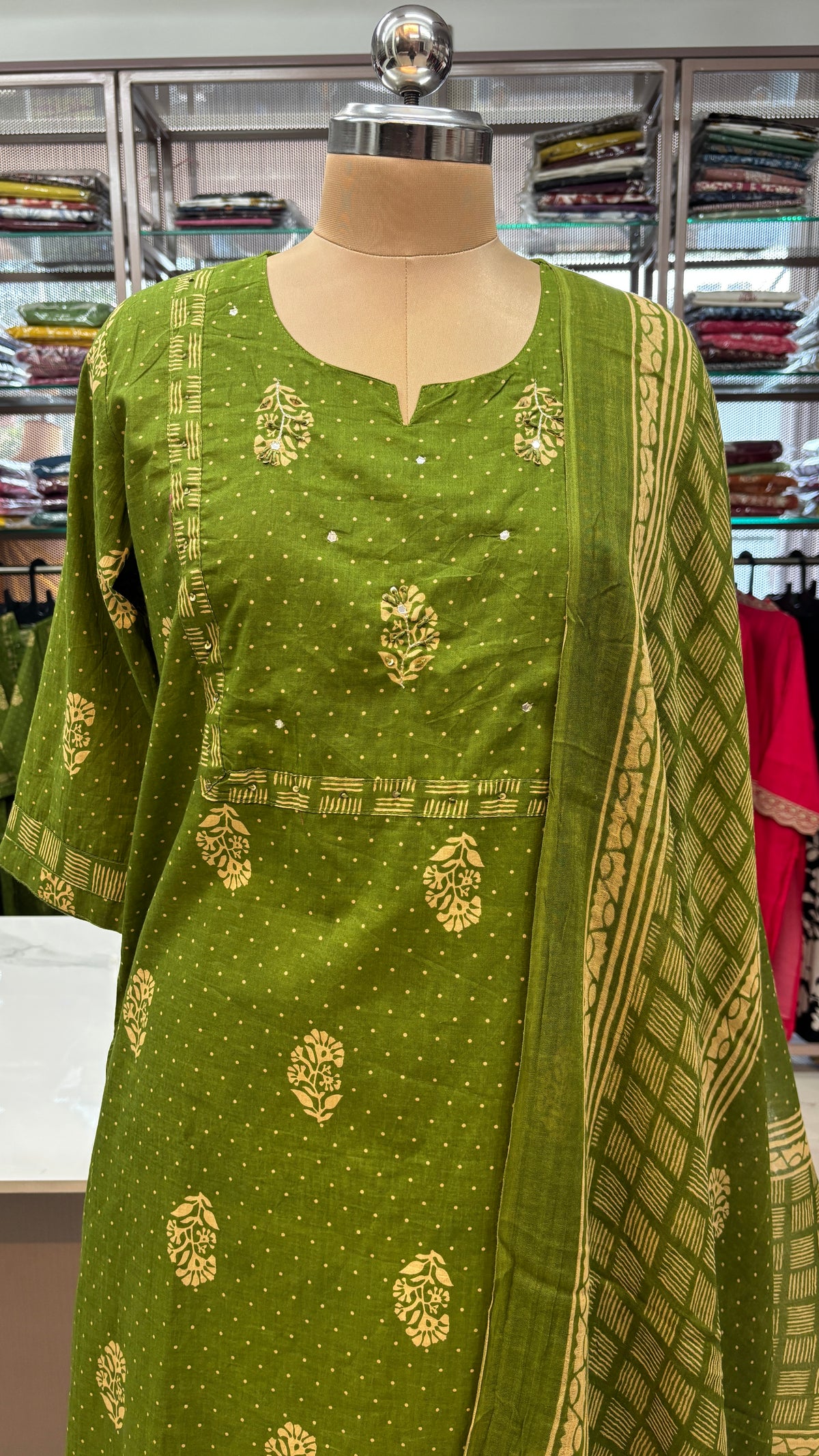 OLIVE GREEN- PURE COTTON KURTA SET