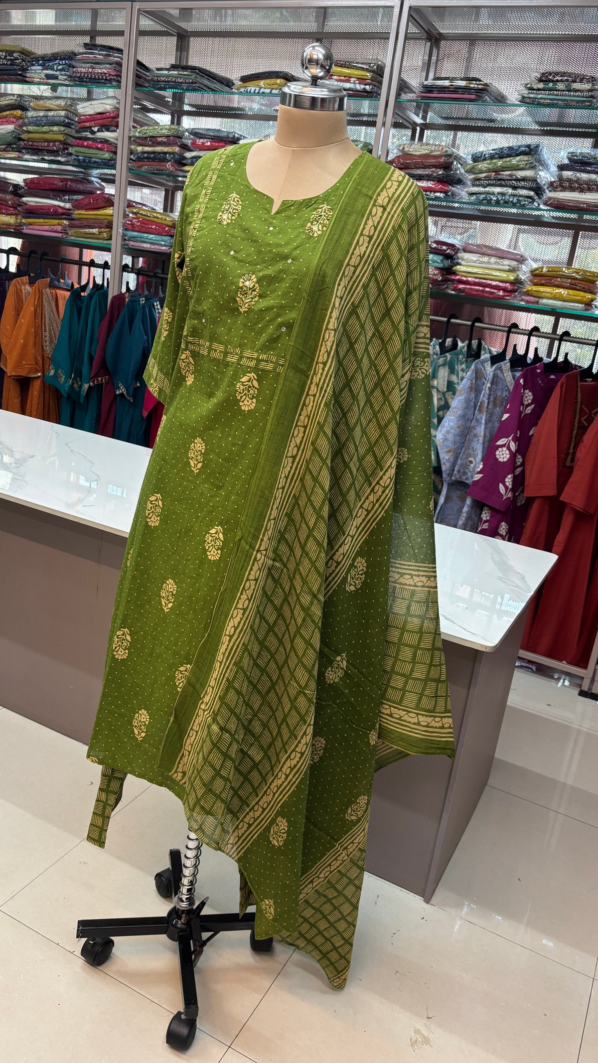 OLIVE GREEN- PURE COTTON KURTA SET