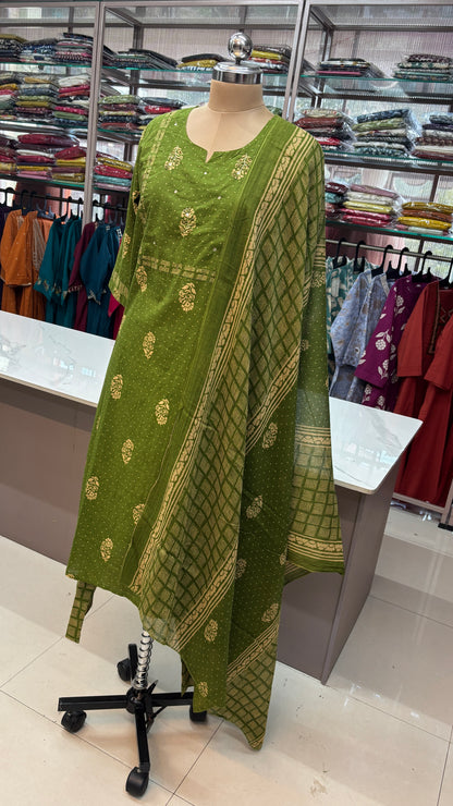 OLIVE GREEN- PURE COTTON KURTA SET