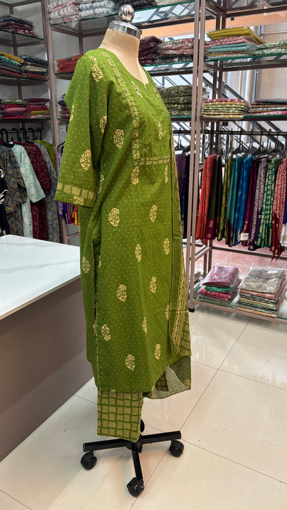 OLIVE GREEN- PURE COTTON KURTA SET