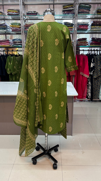 OLIVE GREEN- PURE COTTON KURTA SET