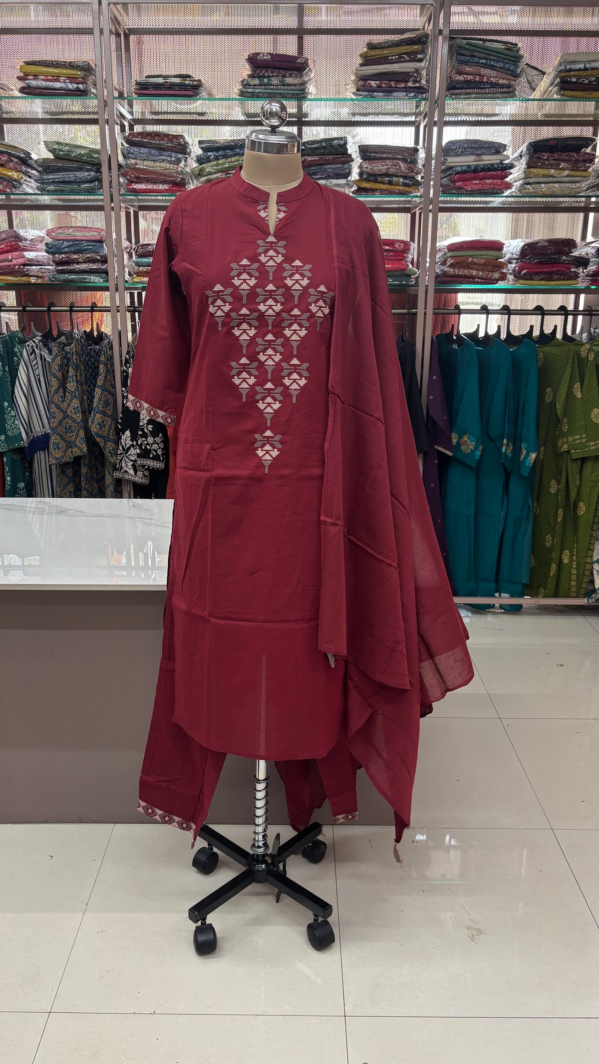 MAROON- PRINTED PURE COTTON KURTA SET