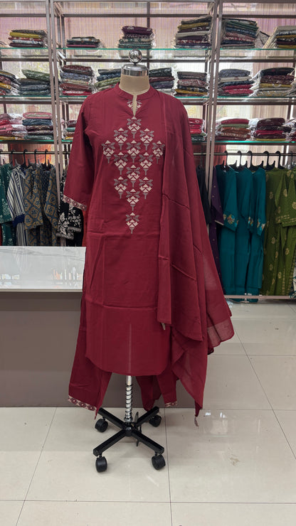 MAROON- PRINTED PURE COTTON KURTA SET