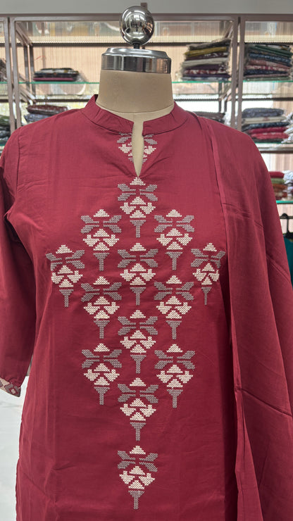 MAROON- PRINTED PURE COTTON KURTA SET