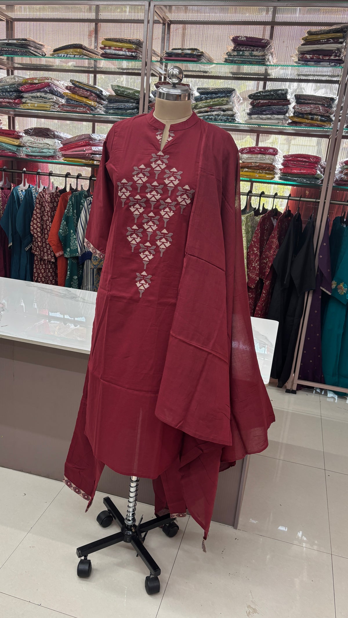 MAROON- PRINTED PURE COTTON KURTA SET