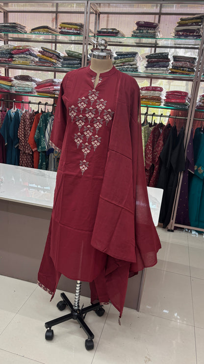 MAROON- PRINTED PURE COTTON KURTA SET