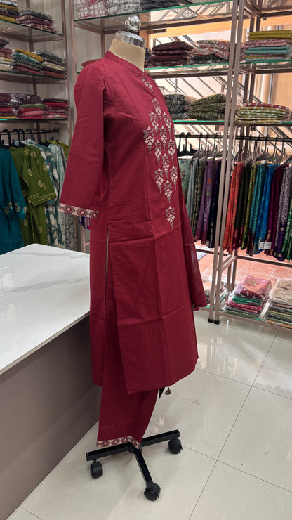 MAROON- PRINTED PURE COTTON KURTA SET