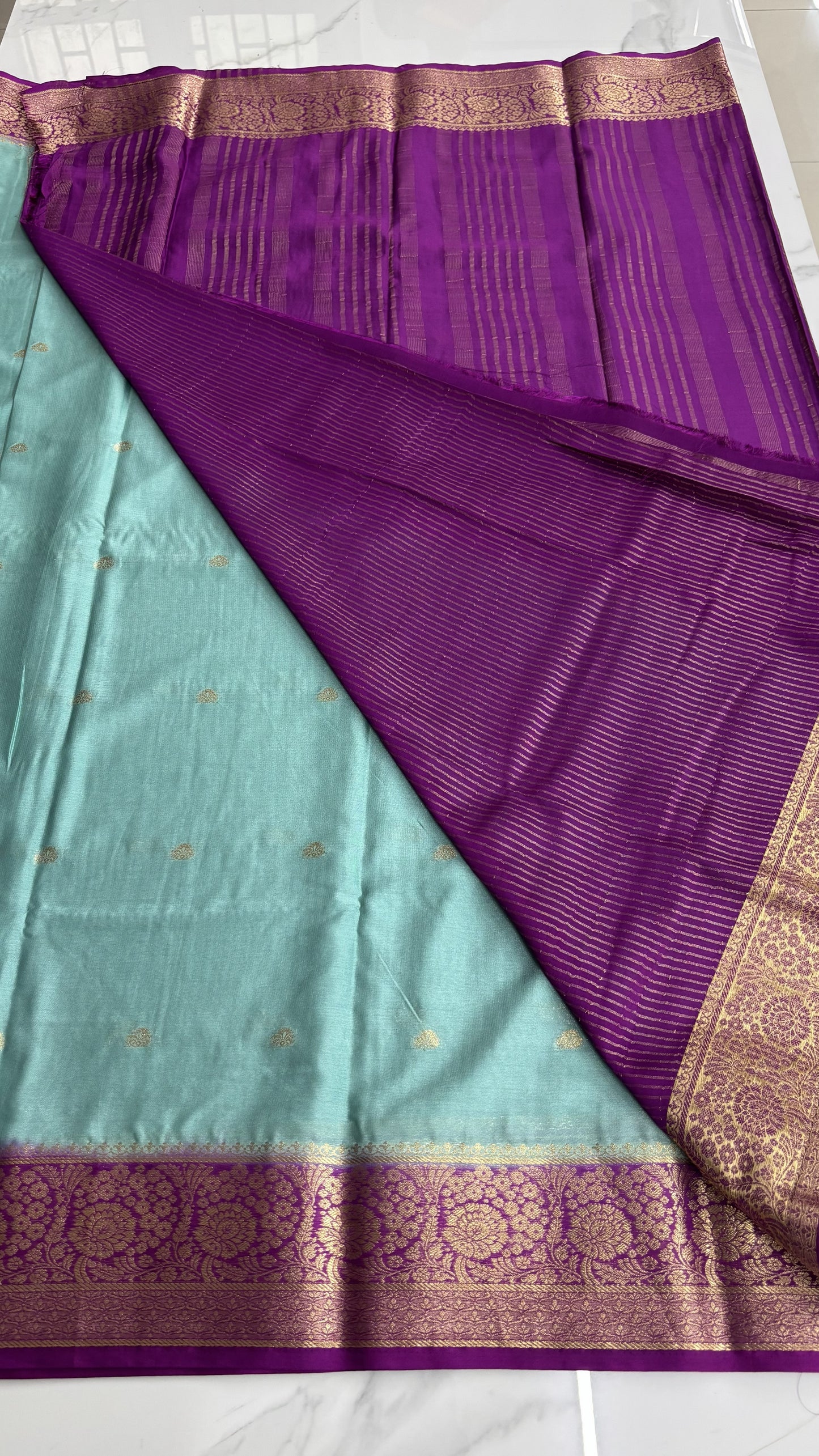 BLUE WITH PURPLE SEMI MYSORE CREPE SILK