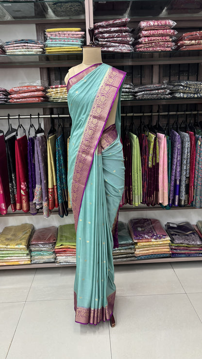 BLUE WITH PURPLE SEMI MYSORE CREPE SILK