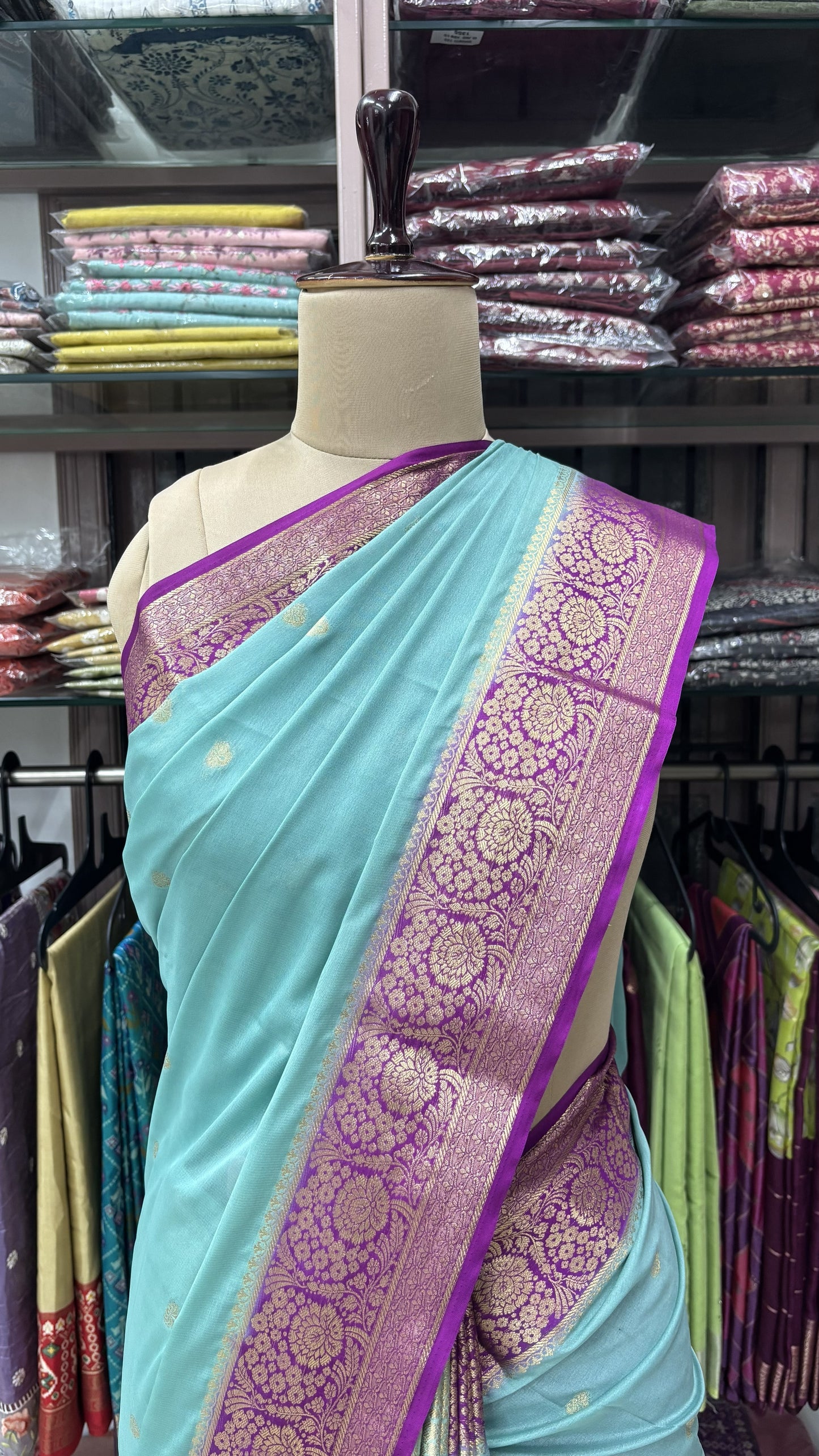 BLUE WITH PURPLE SEMI MYSORE CREPE SILK