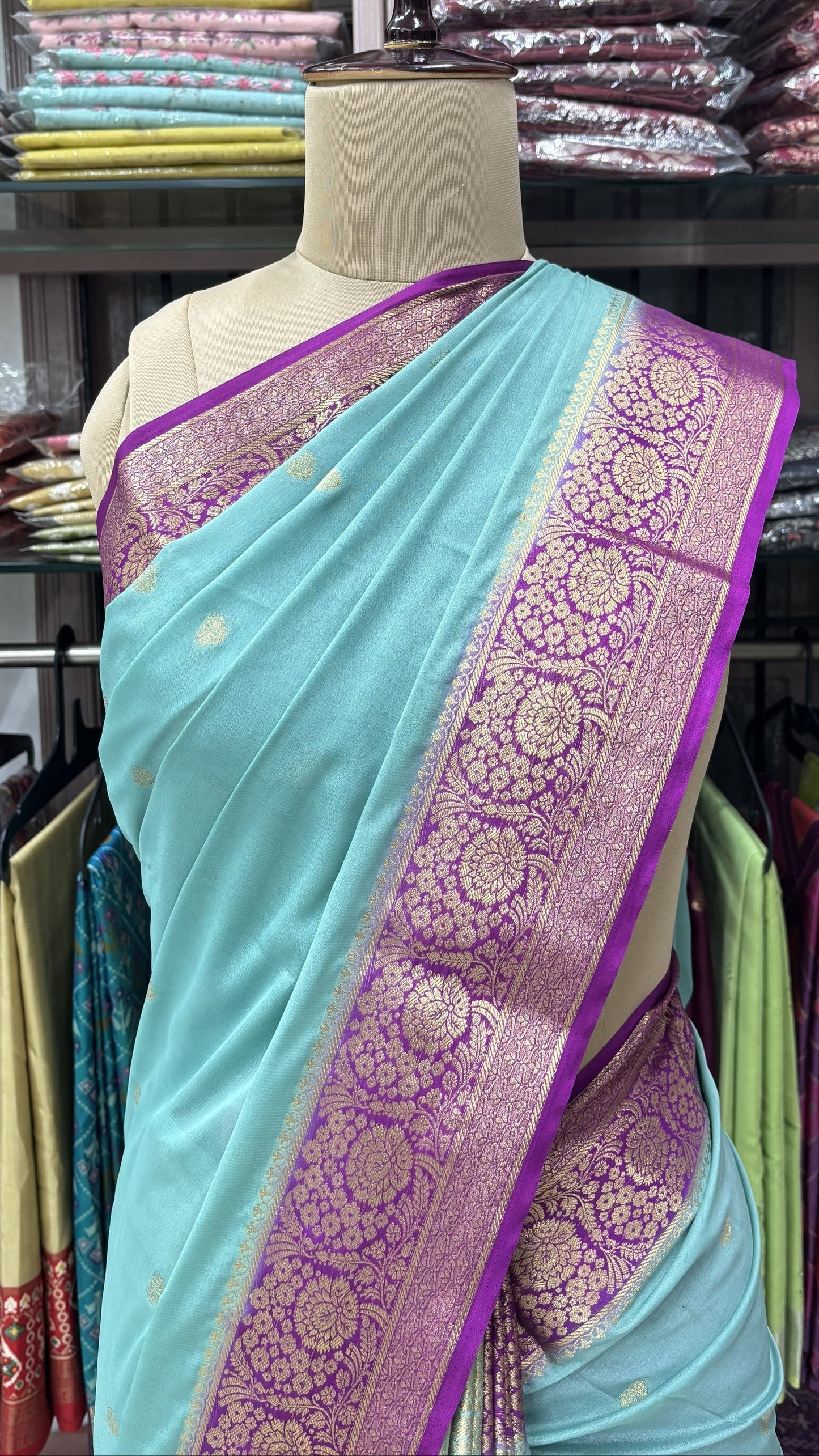 BLUE WITH PURPLE SEMI MYSORE CREPE SILK