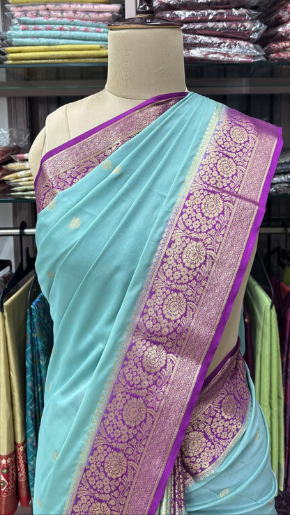 BLUE WITH PURPLE SEMI MYSORE CREPE SILK