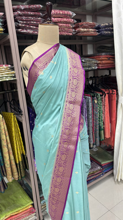 BLUE WITH PURPLE SEMI MYSORE CREPE SILK