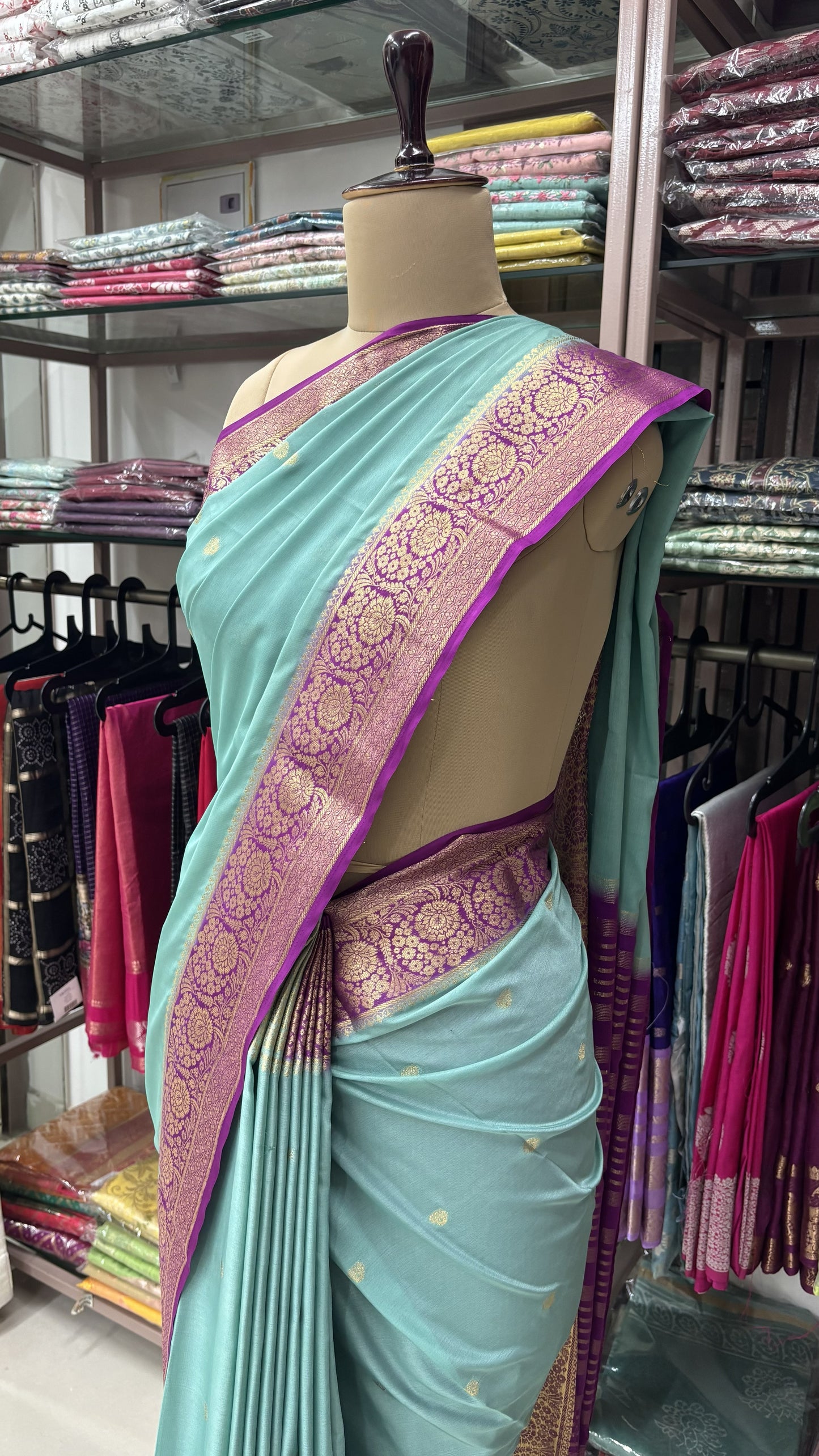 BLUE WITH PURPLE SEMI MYSORE CREPE SILK
