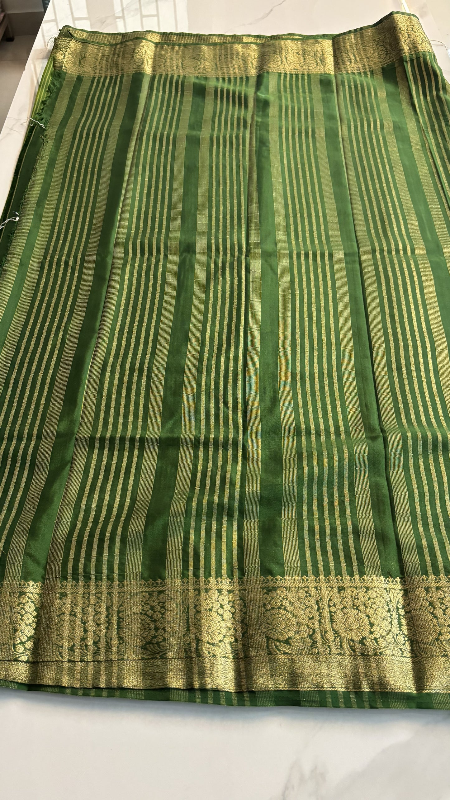 LEMON YELLOW WITH BOTTLE GREEN SEMI MYSORE CREPE SILK
