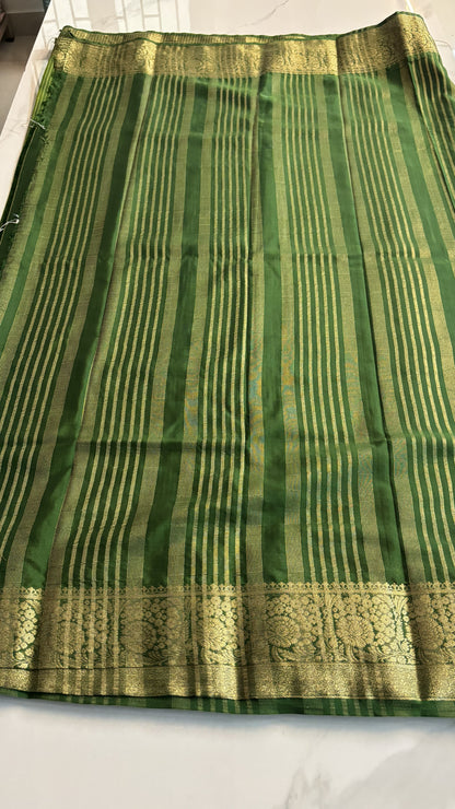 LEMON YELLOW WITH BOTTLE GREEN SEMI MYSORE CREPE SILK