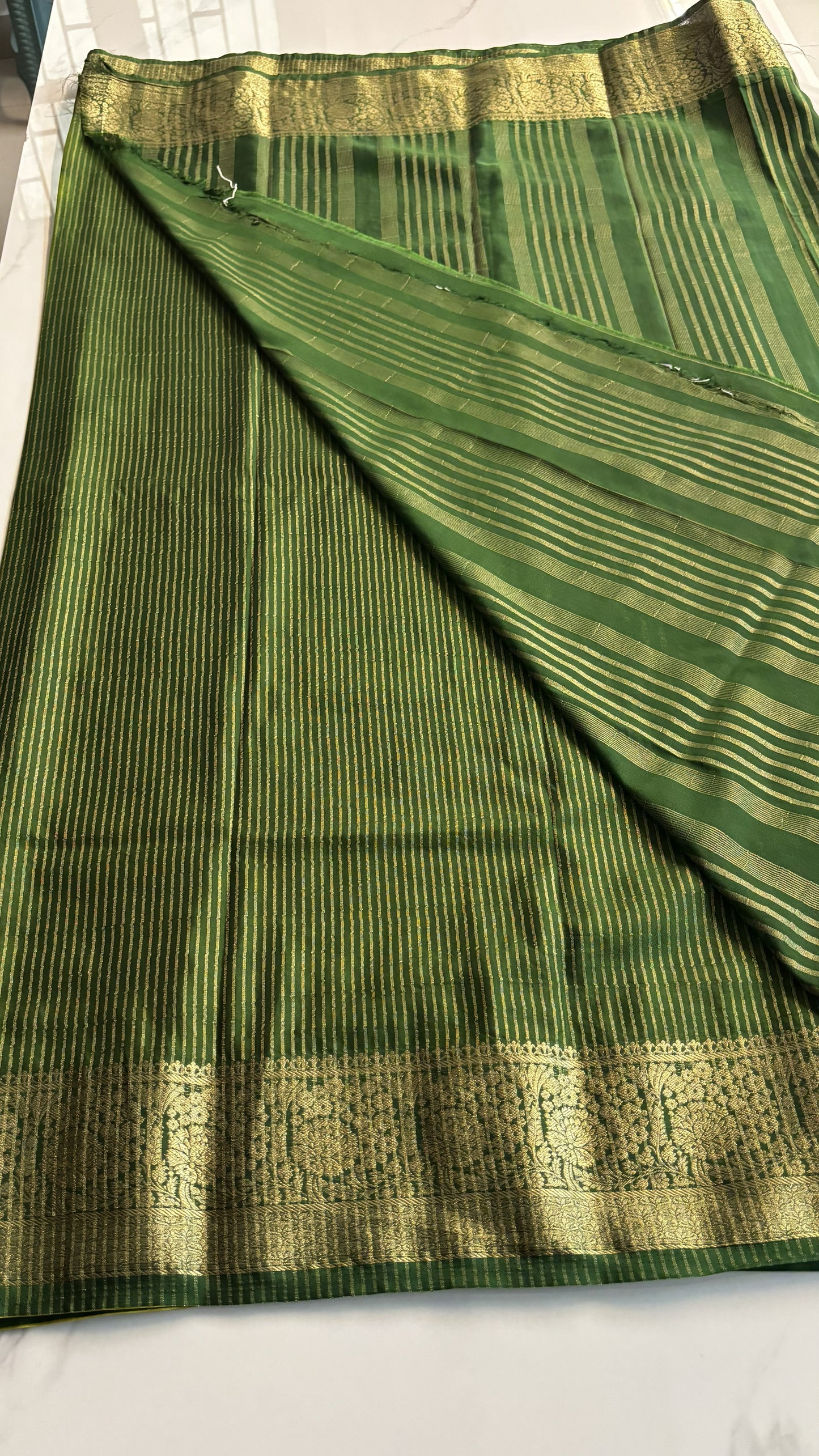 LEMON YELLOW WITH BOTTLE GREEN SEMI MYSORE CREPE SILK