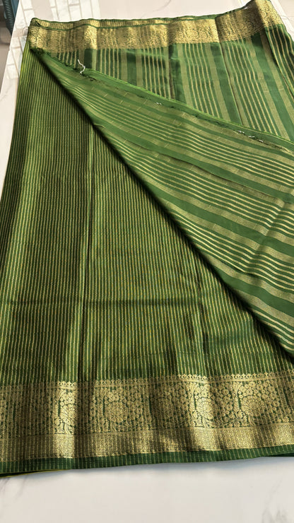 LEMON YELLOW WITH BOTTLE GREEN SEMI MYSORE CREPE SILK