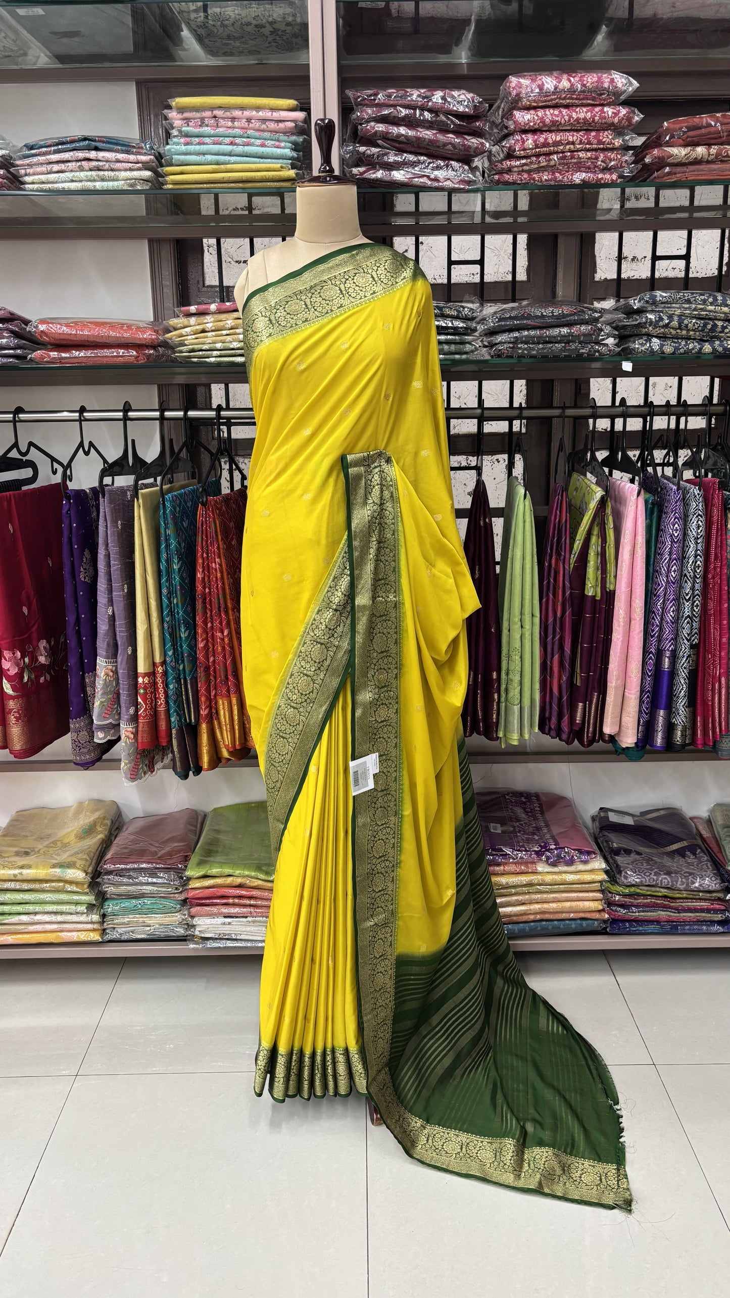 LEMON YELLOW WITH BOTTLE GREEN SEMI MYSORE CREPE SILK