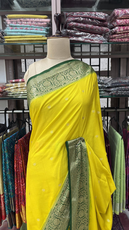 LEMON YELLOW WITH BOTTLE GREEN SEMI MYSORE CREPE SILK