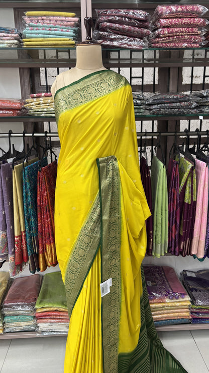 LEMON YELLOW WITH BOTTLE GREEN SEMI MYSORE CREPE SILK