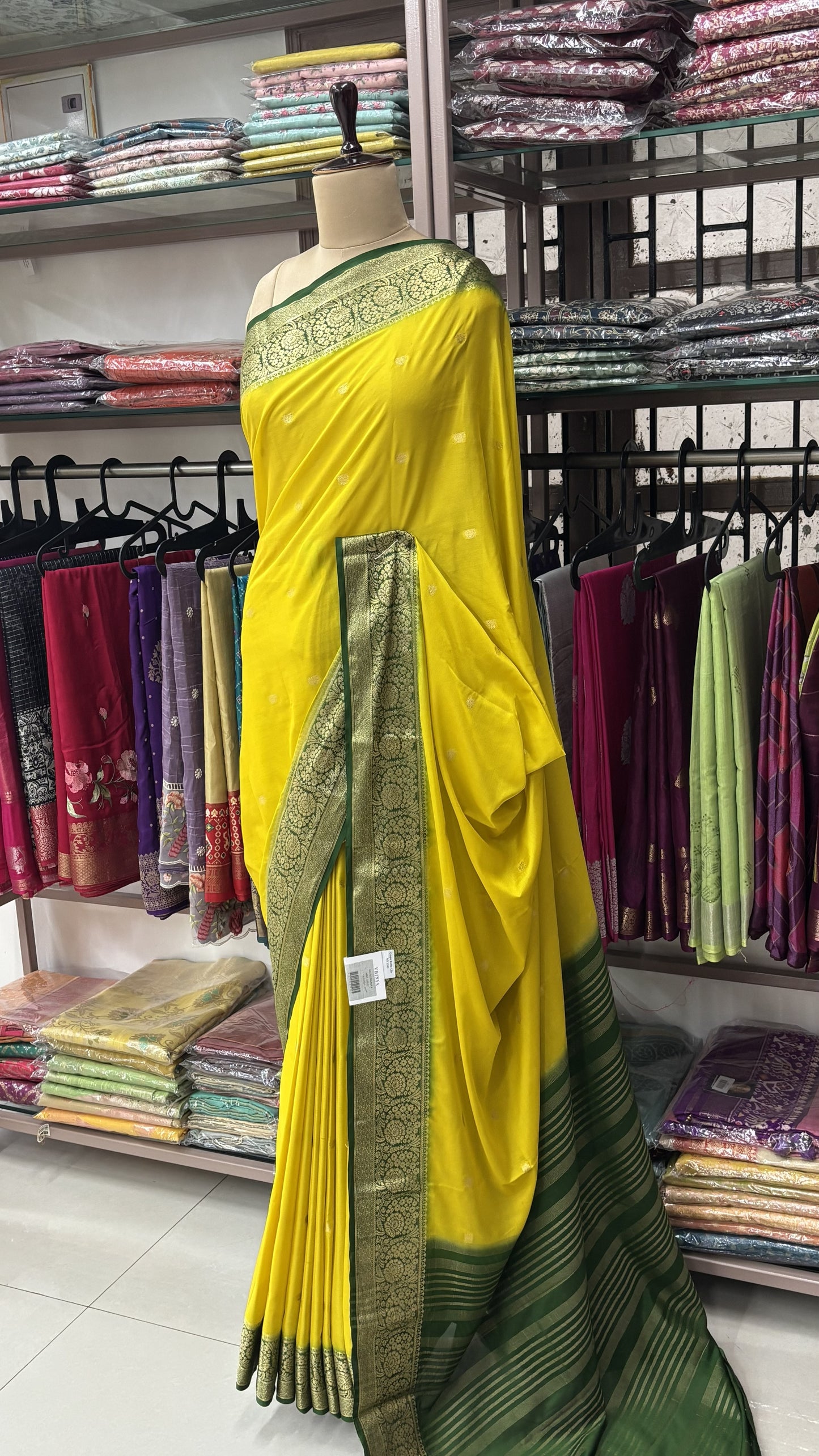 LEMON YELLOW WITH BOTTLE GREEN SEMI MYSORE CREPE SILK