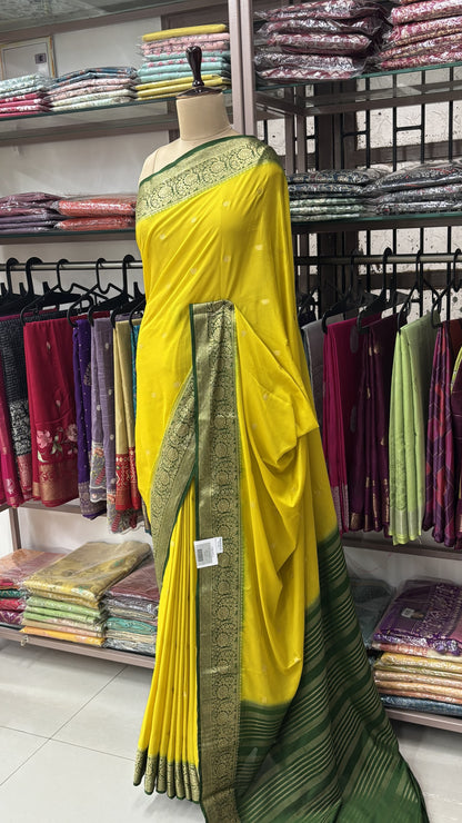 LEMON YELLOW WITH BOTTLE GREEN SEMI MYSORE CREPE SILK