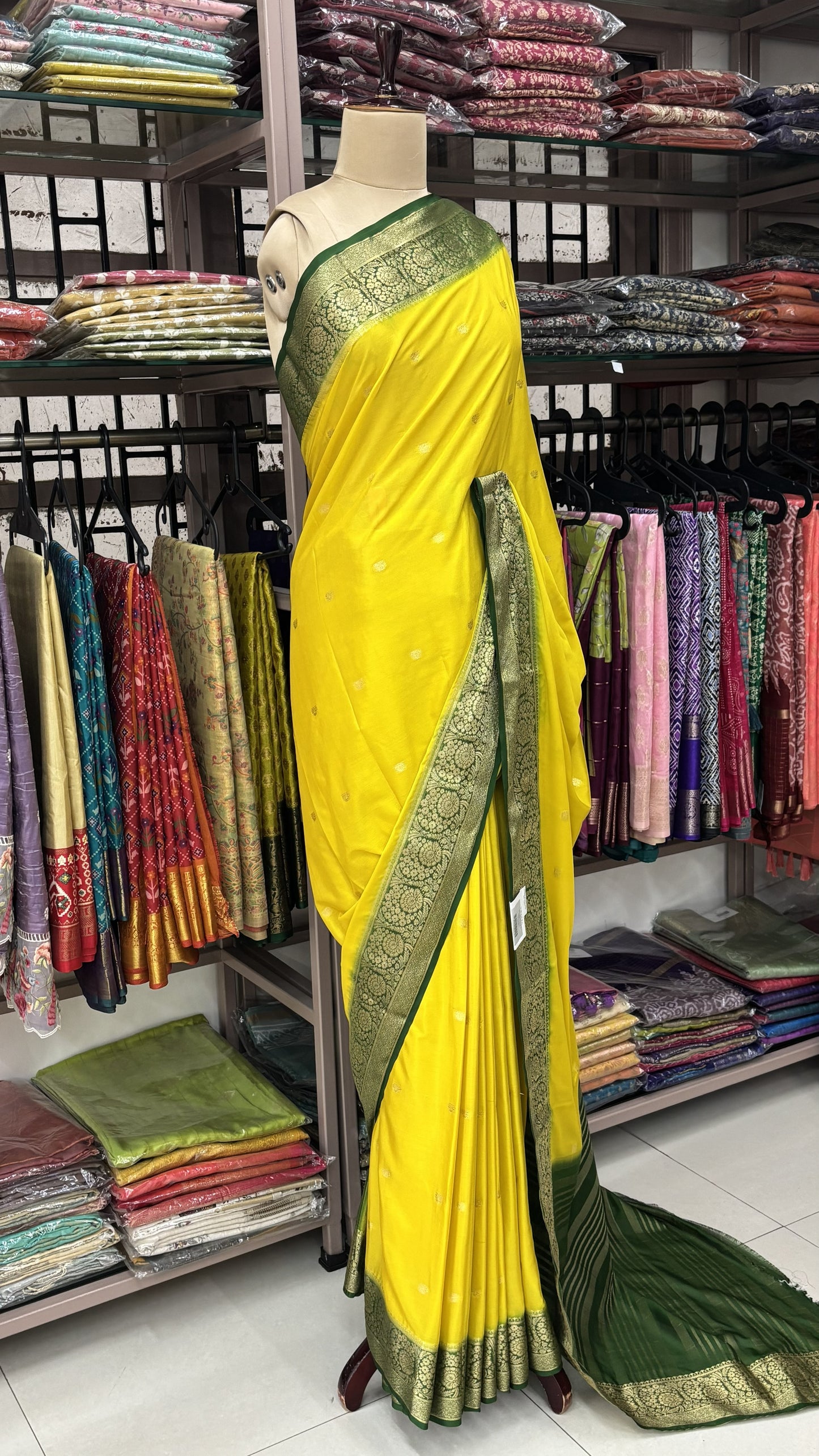 LEMON YELLOW WITH BOTTLE GREEN SEMI MYSORE CREPE SILK
