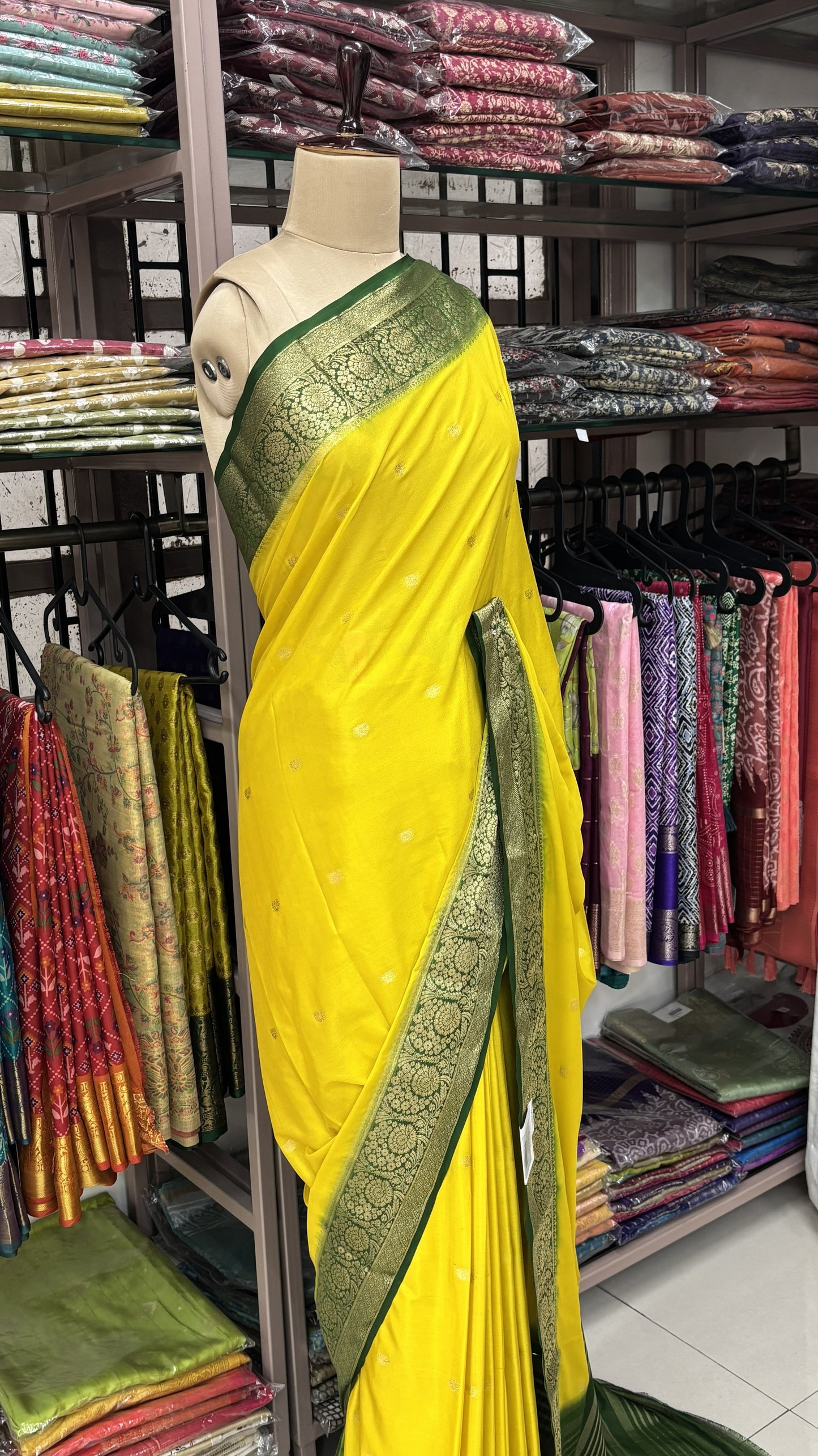 LEMON YELLOW WITH BOTTLE GREEN SEMI MYSORE CREPE SILK