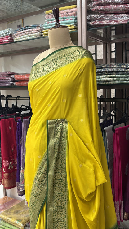 LEMON YELLOW WITH BOTTLE GREEN SEMI MYSORE CREPE SILK