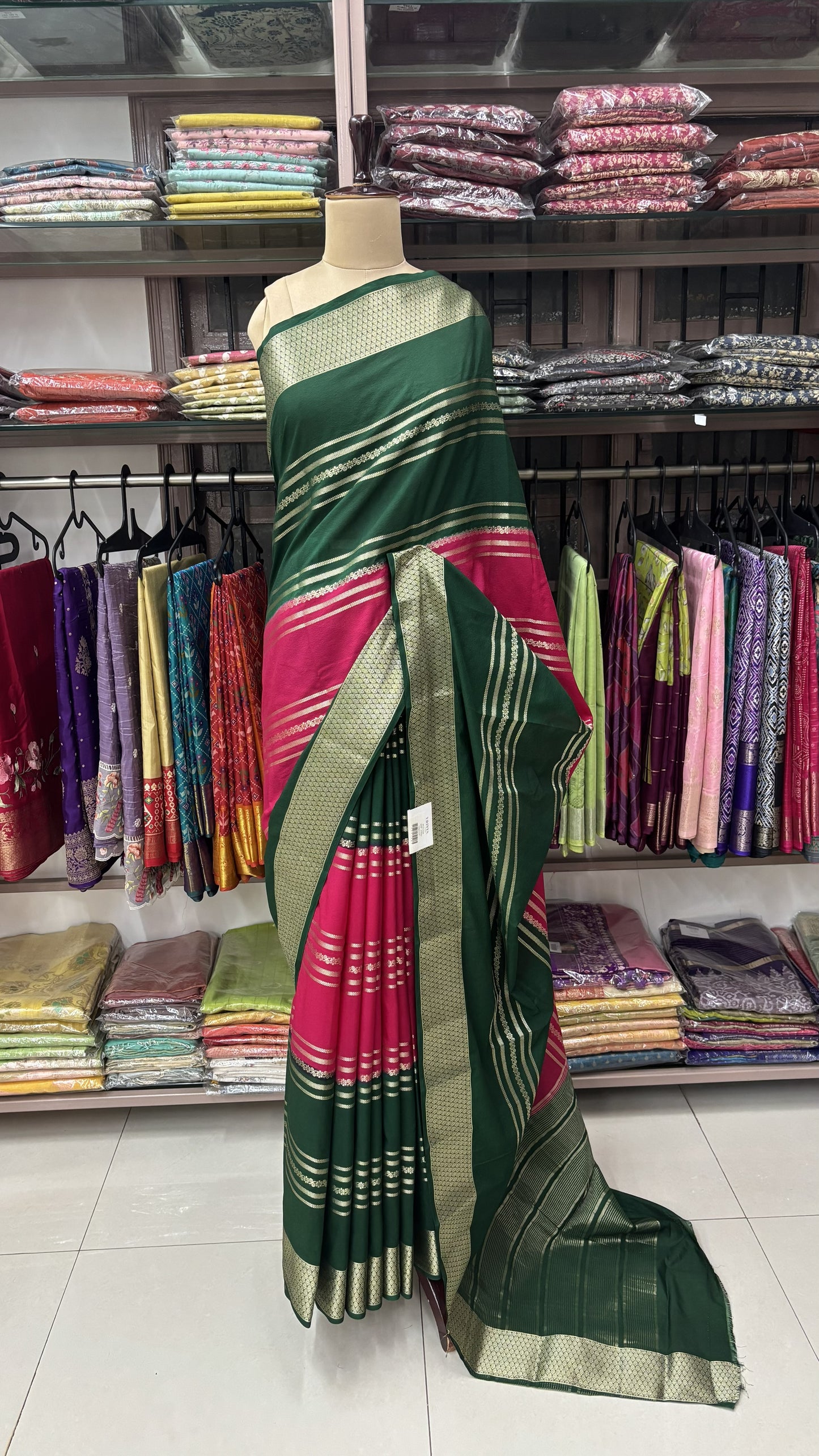 PINK WITH GREEN MYSORE SILK