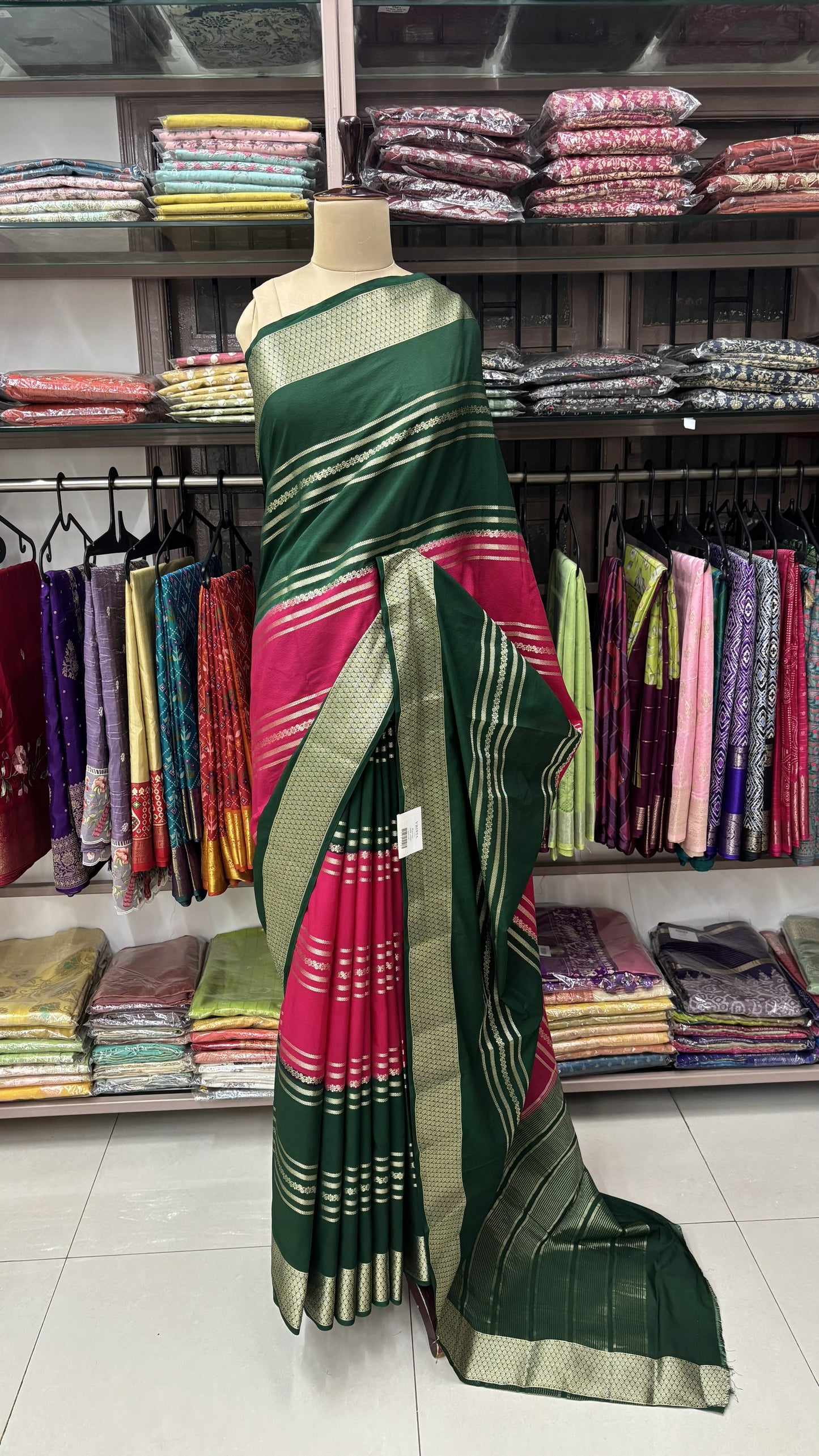 PINK WITH GREEN MYSORE SILK