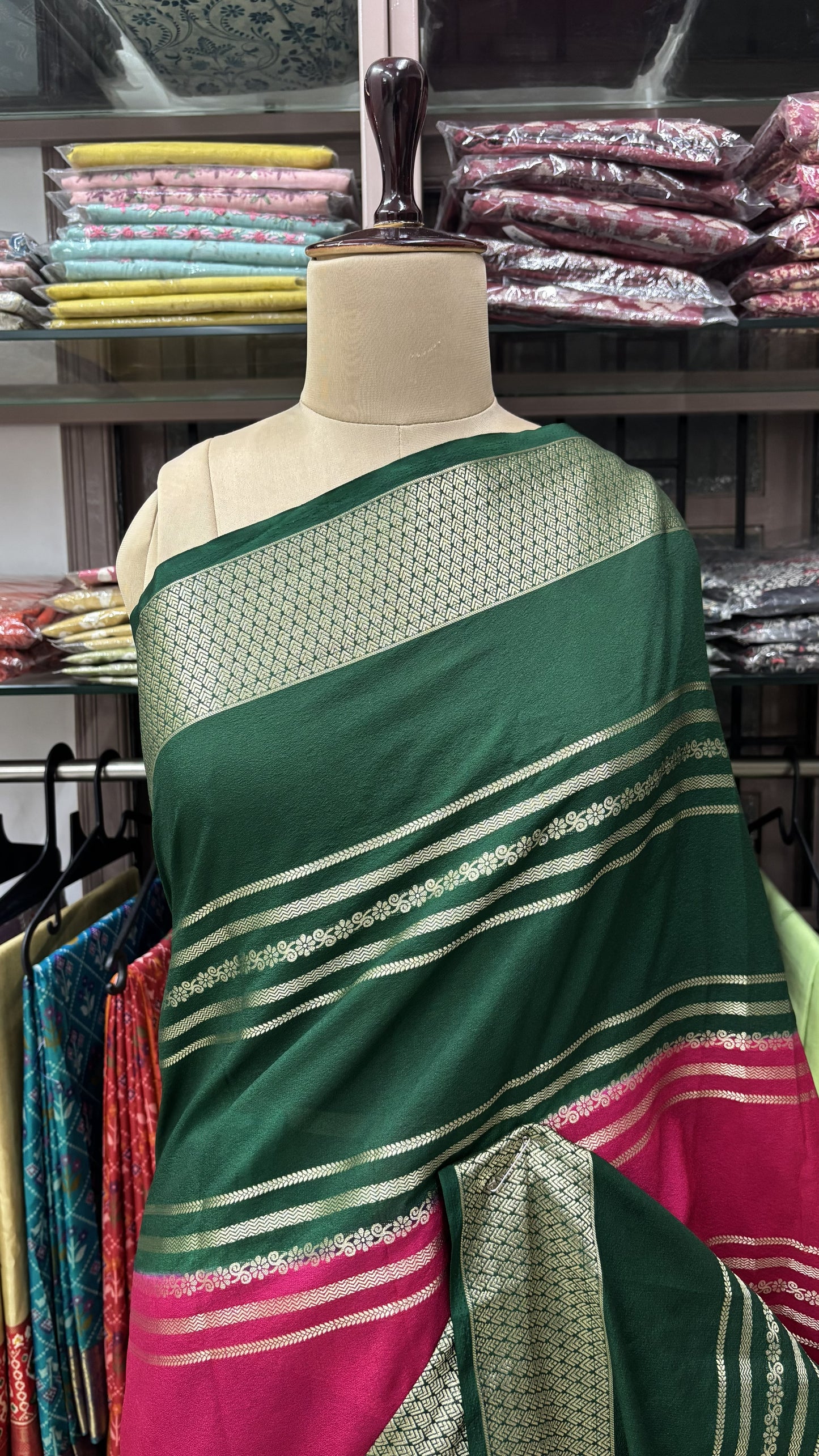 PINK WITH GREEN MYSORE SILK