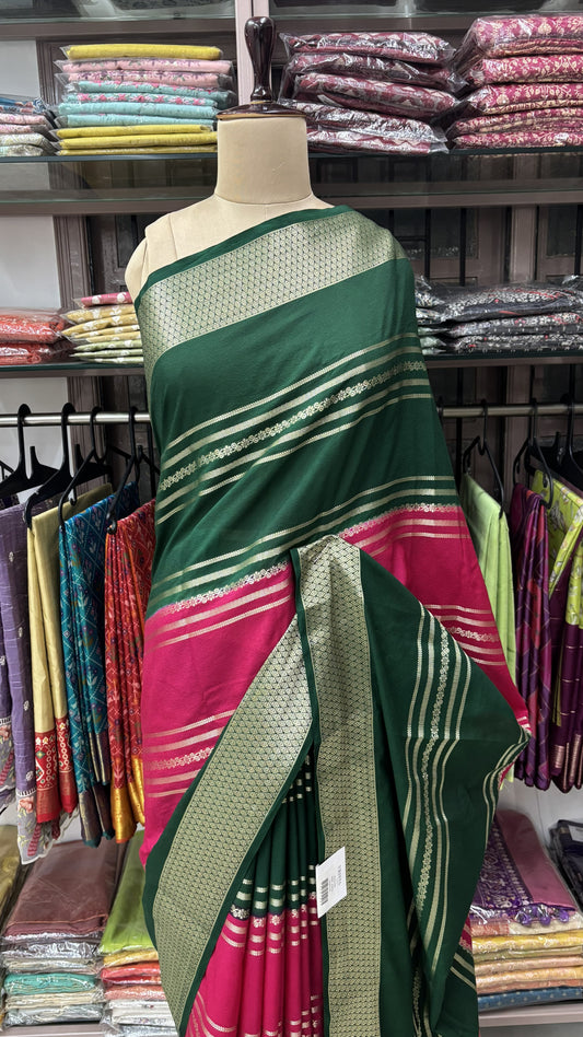 PINK WITH GREEN SEMI MYSORE SILK
