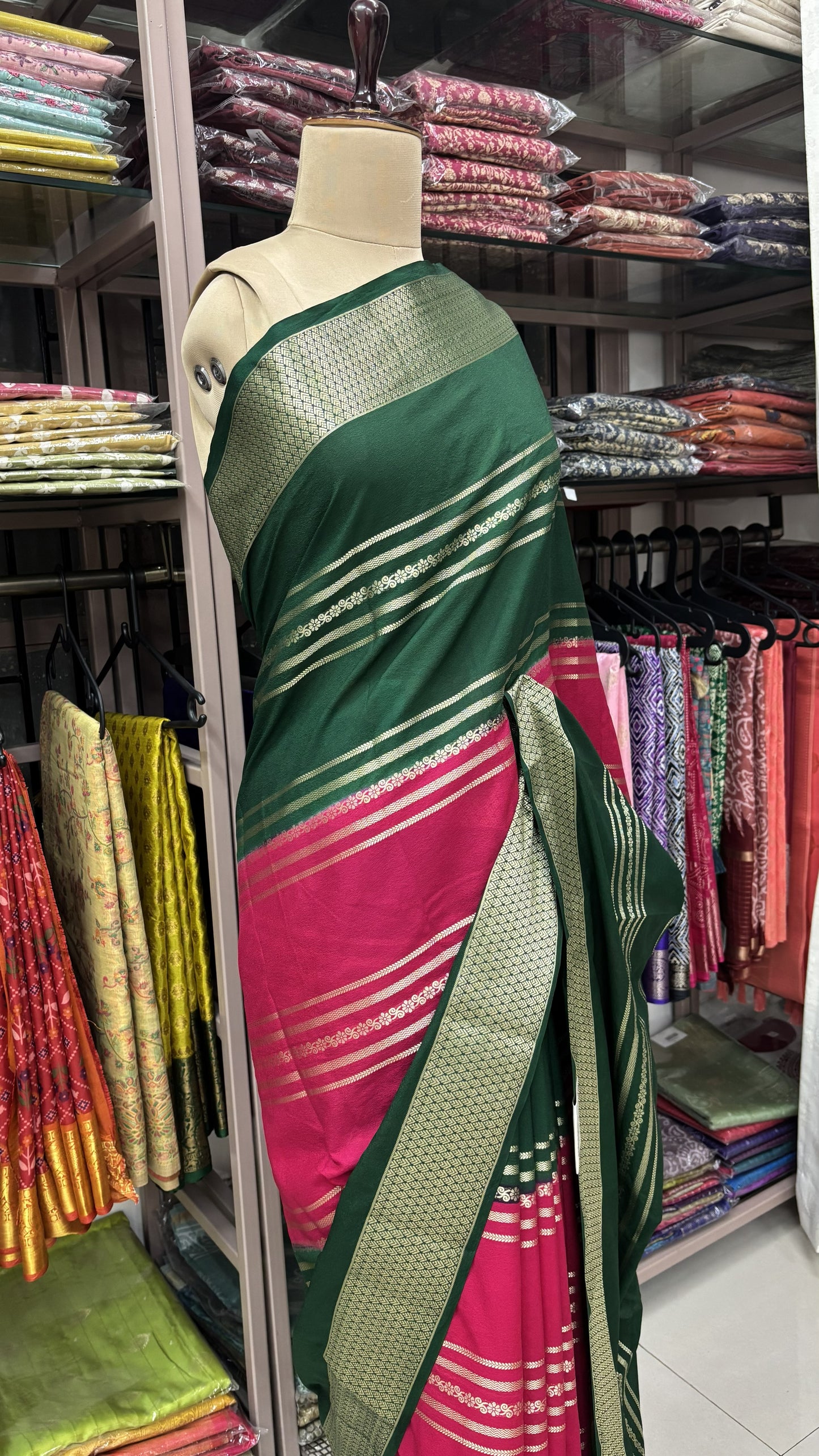 PINK WITH GREEN MYSORE SILK