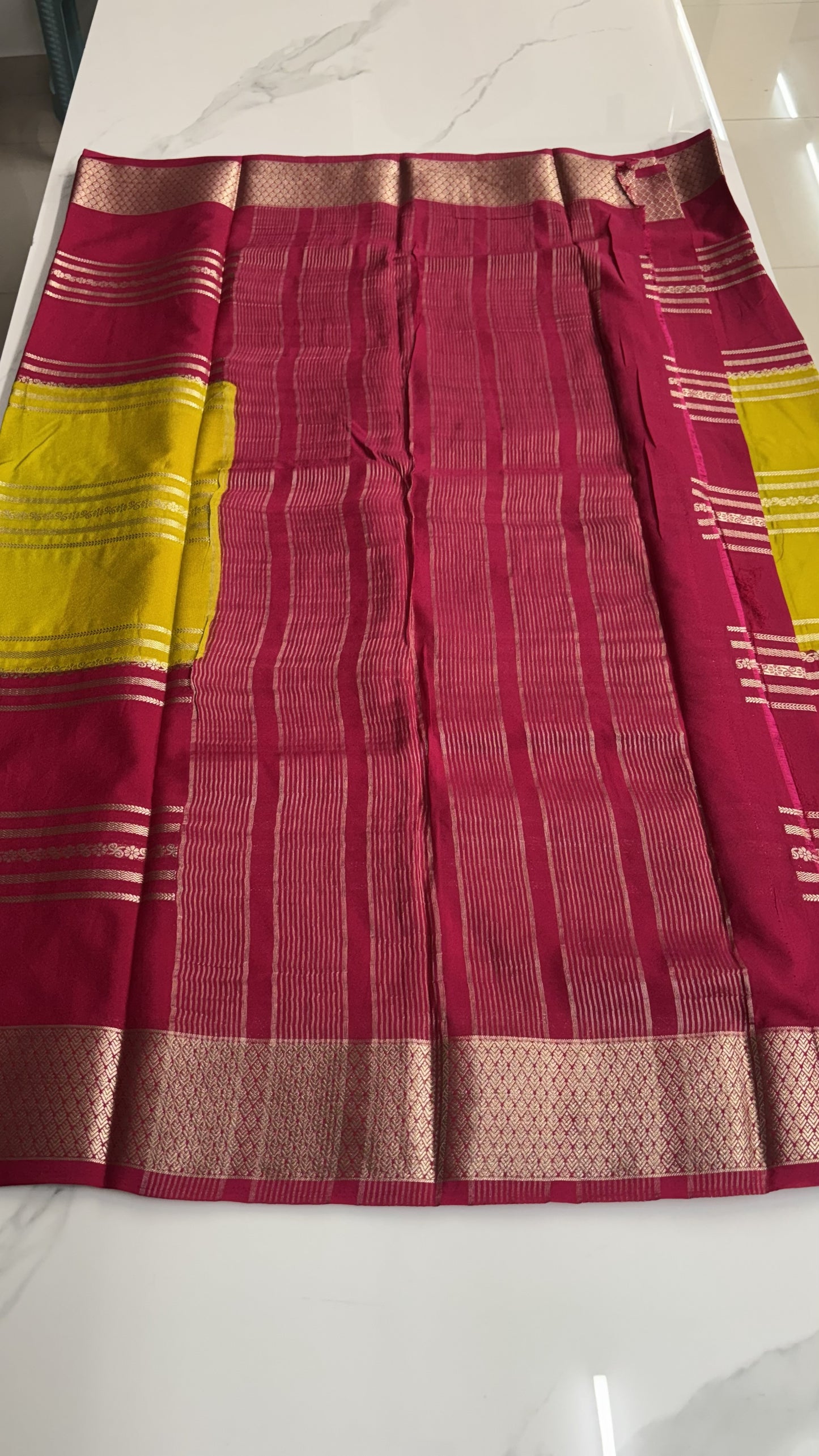 LEMON YELLOW WITH PINK MYSORE SILK