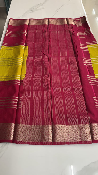 LEMON YELLOW WITH PINK MYSORE SILK