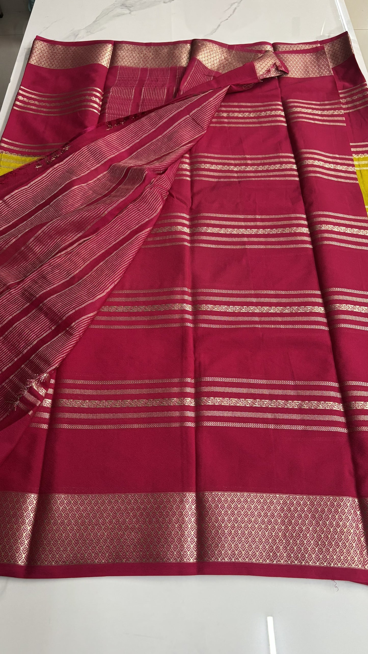 LEMON YELLOW WITH PINK MYSORE SILK