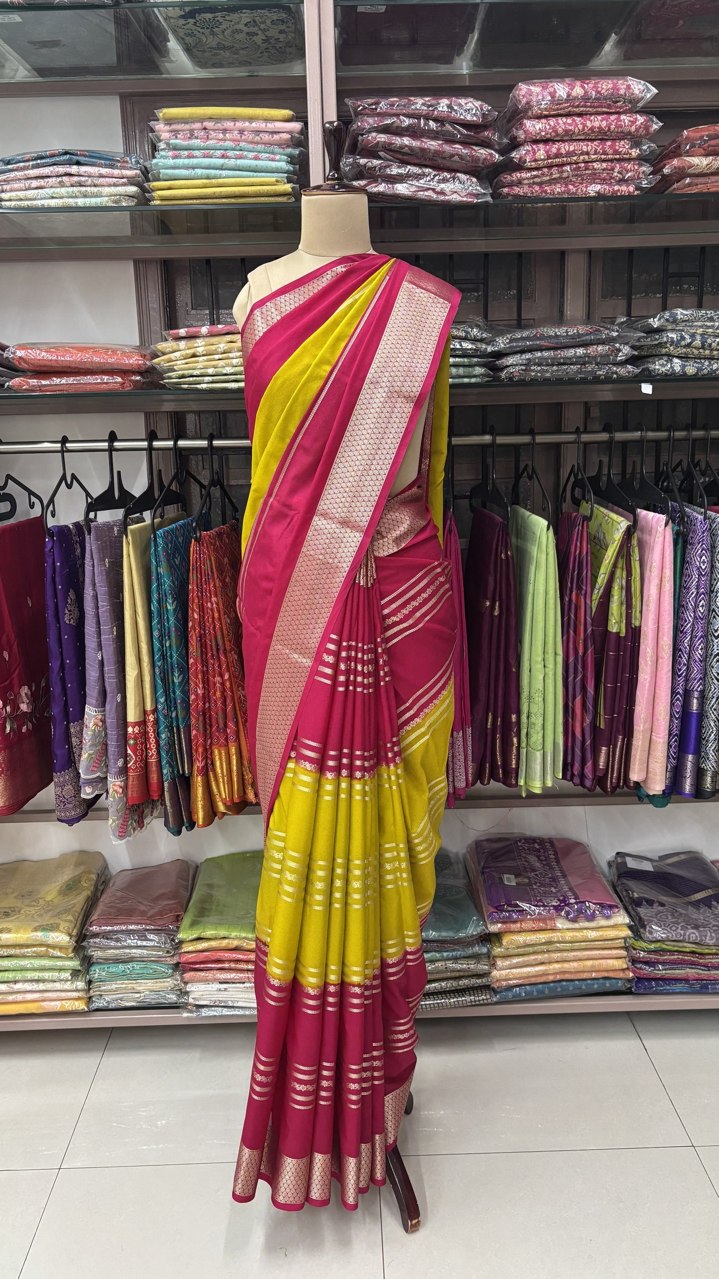 LEMON YELLOW WITH PINK MYSORE SILK