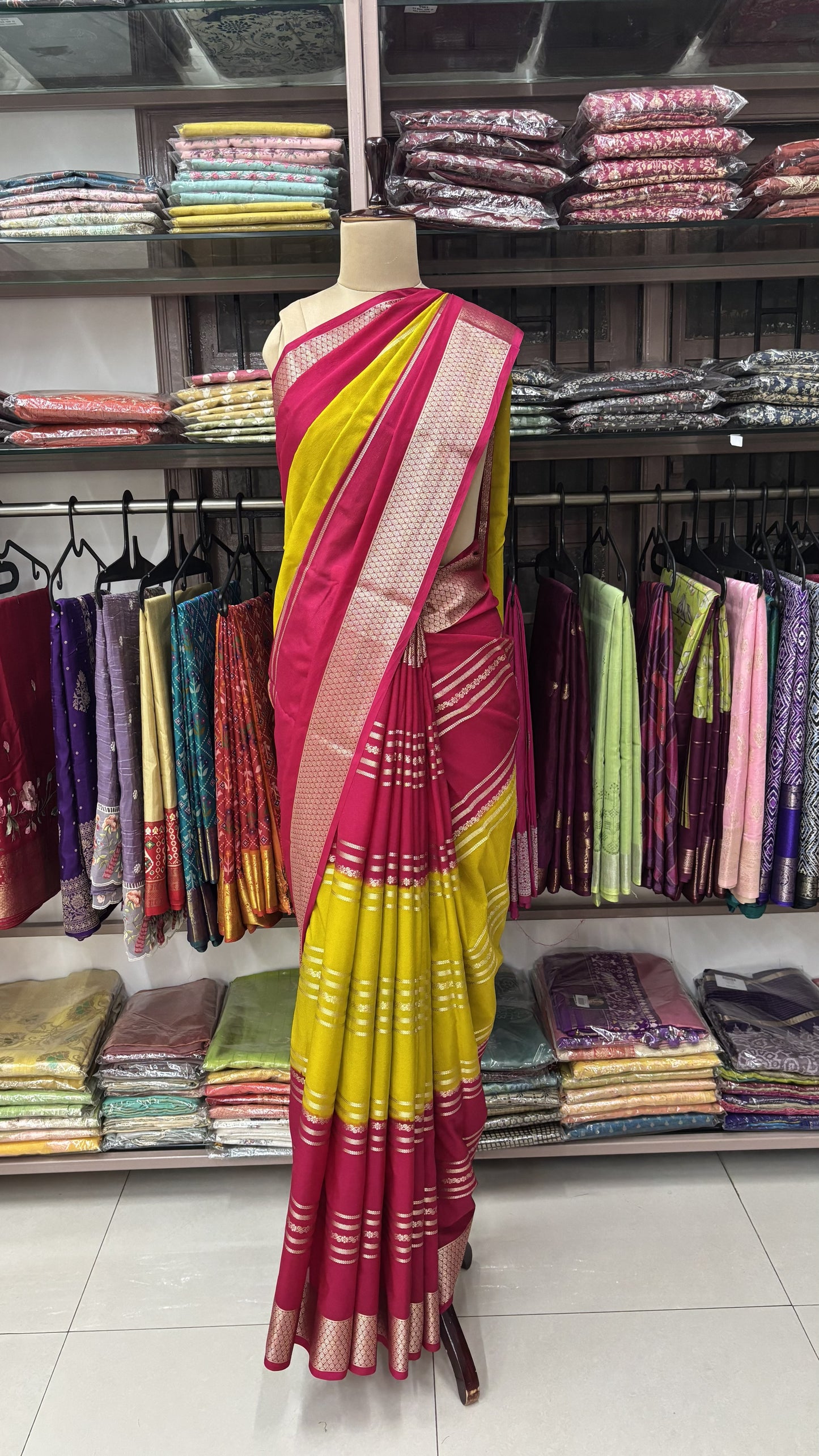 LEMON YELLOW WITH PINK MYSORE SILK
