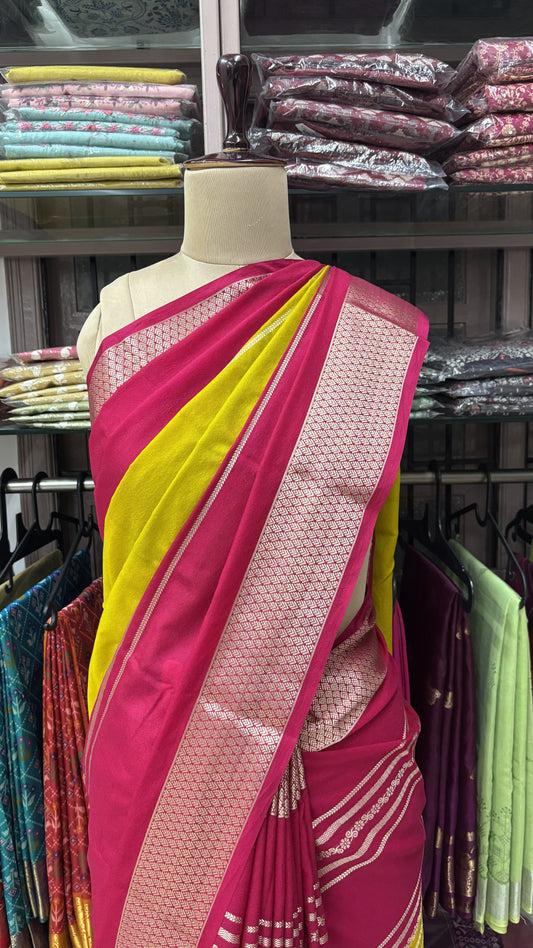 LEMON YELLOW WITH PINK SEMI MYSORE SILK