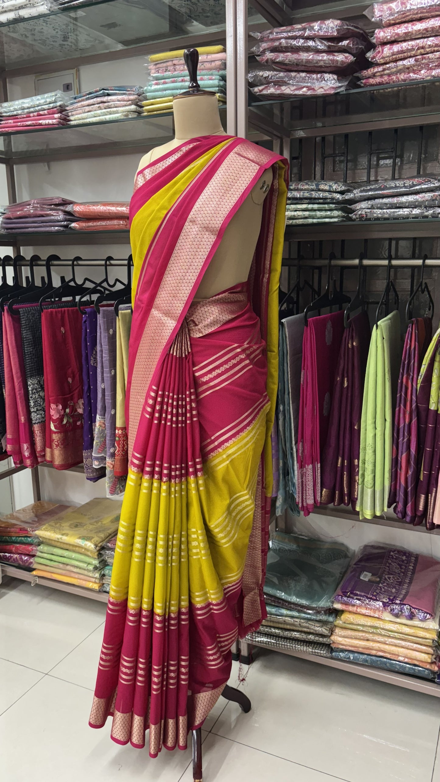 LEMON YELLOW WITH PINK MYSORE SILK