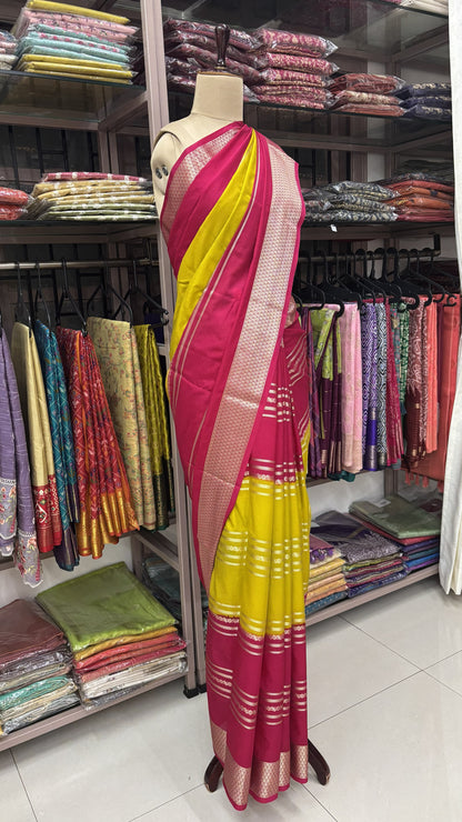 LEMON YELLOW WITH PINK MYSORE SILK
