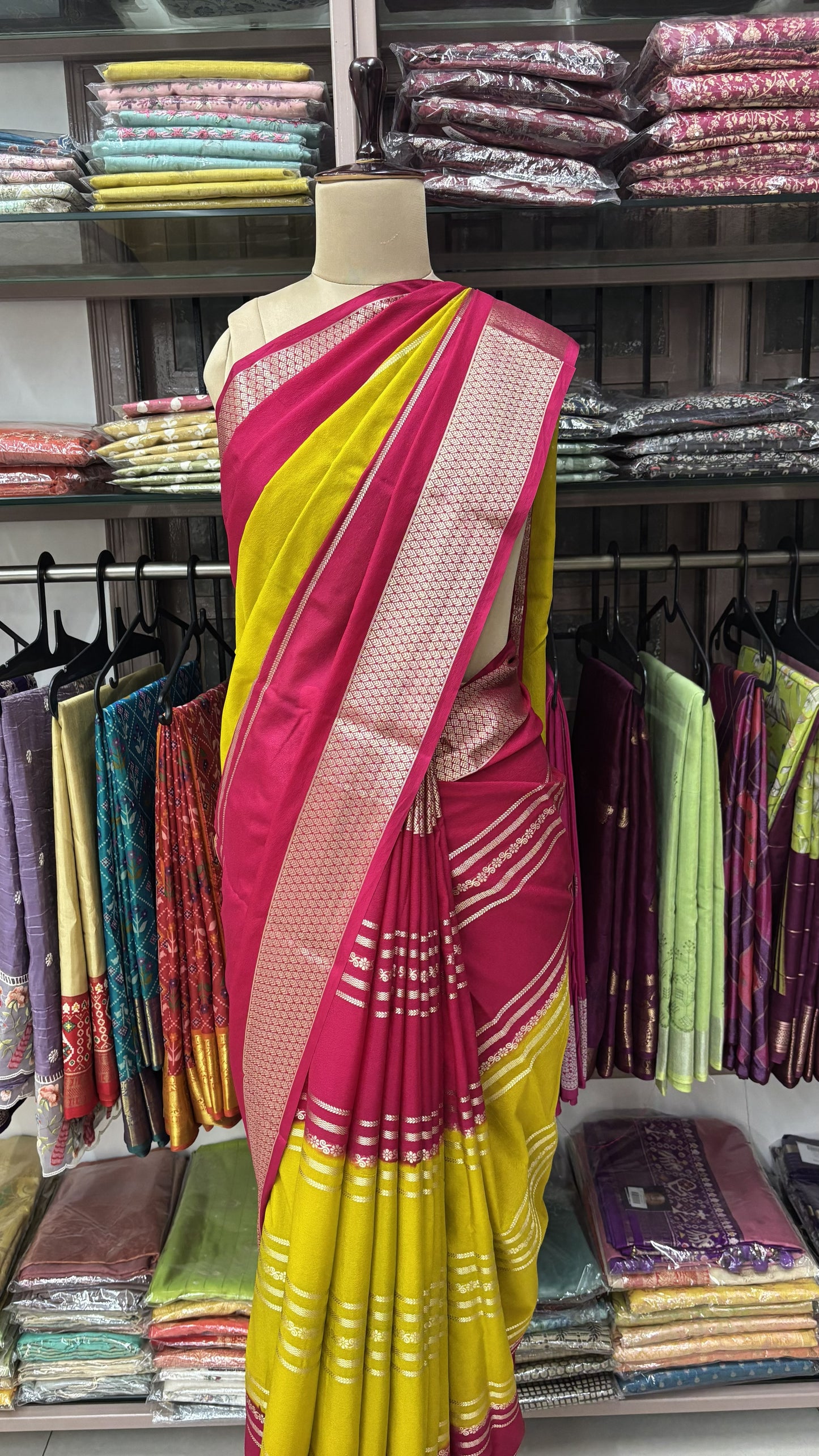 LEMON YELLOW WITH PINK MYSORE SILK