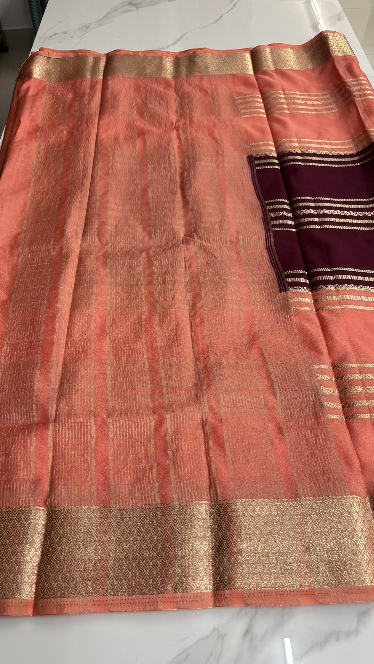 WINE WITH PEACH PINK SEMI MYSORE SILK