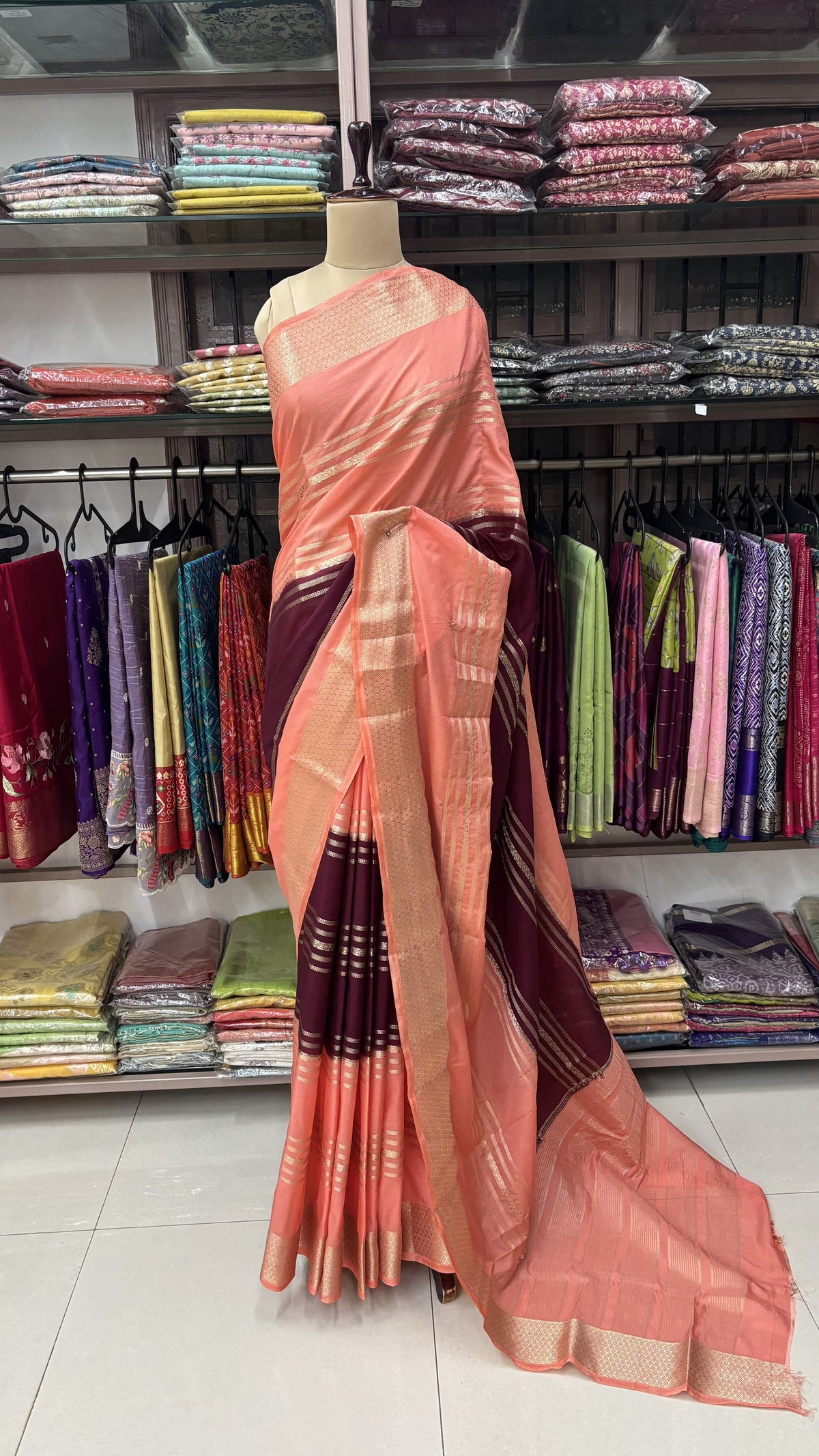 WINE WITH PEACH PINK SEMI MYSORE SILK