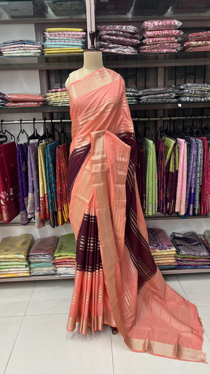 WINE WITH PEACH PINK SEMI MYSORE SILK