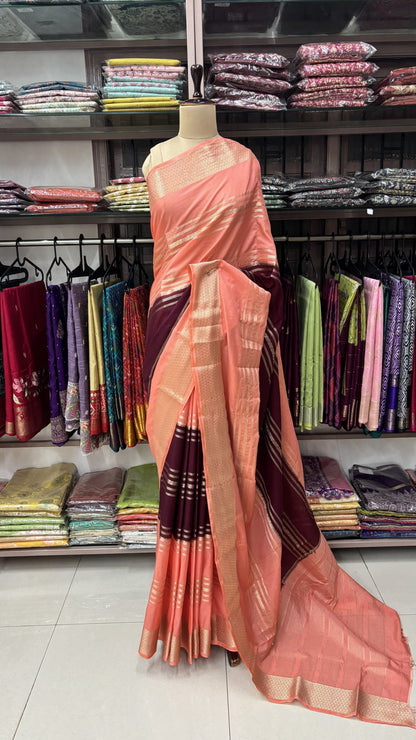 WINE WITH PEACH PINK SEMI MYSORE SILK