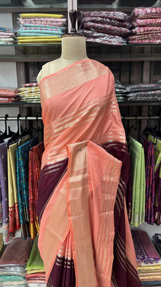 WINE WITH PEACH PINK SEMI MYSORE SILK