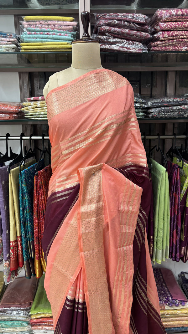 WINE WITH PEACH PINK SEMI MYSORE SILK